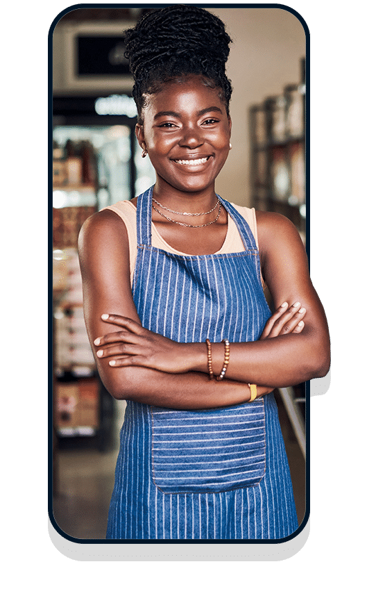 Female business owner in blue apron in mobile frame